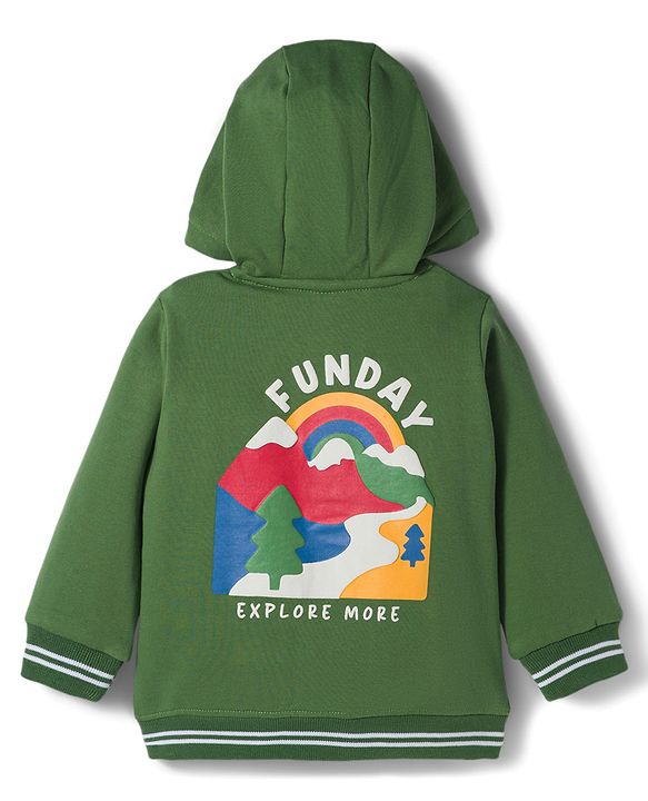 Babyhug Fleece Knit Full Sleeves Hooded SweatJacket with Graphic & Kangaroo Pocket - Green