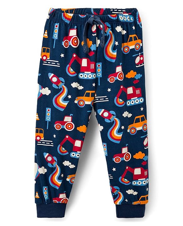 Babyhug Cotton Knit Full Length Lounge Pant With Vehicle Print - Navy Blue