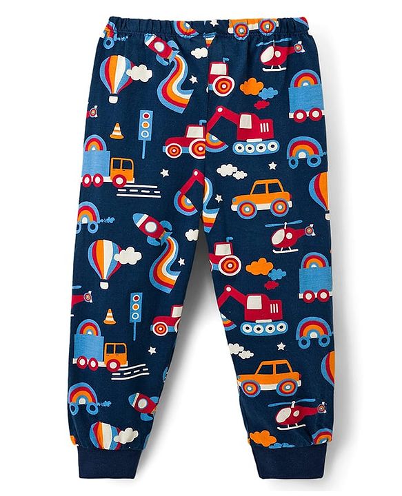 Babyhug Cotton Knit Full Length Lounge Pant With Vehicle Print - Navy Blue