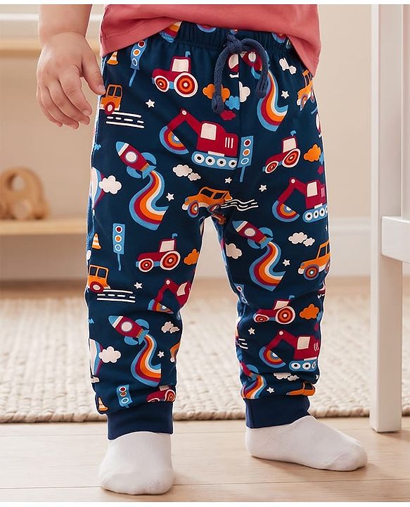 Babyhug Cotton Knit Full Length Lounge Pant With Vehicle Print - Navy Blue