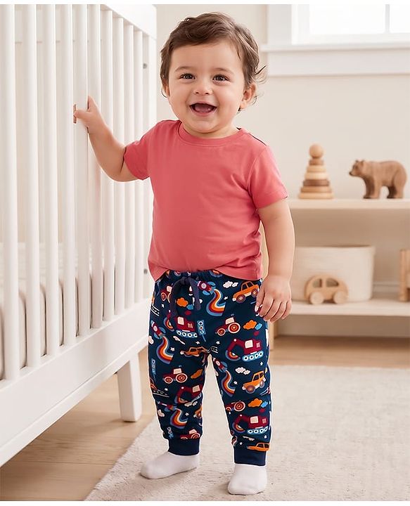 Babyhug Cotton Knit Full Length Lounge Pant With Vehicle Print - Navy Blue