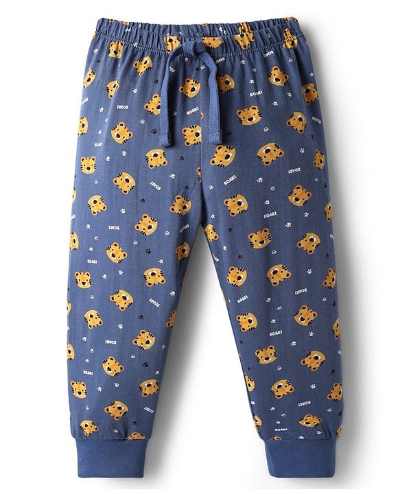 Babyhug Cotton Knit Full Length Lounge Pant With Tiger Print - Navy Blue