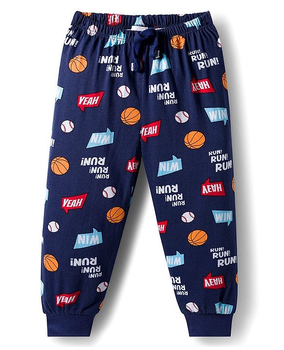 Babyhug Cotton Knit Full Length Lounge Pant with Sports Print - Navy Blue