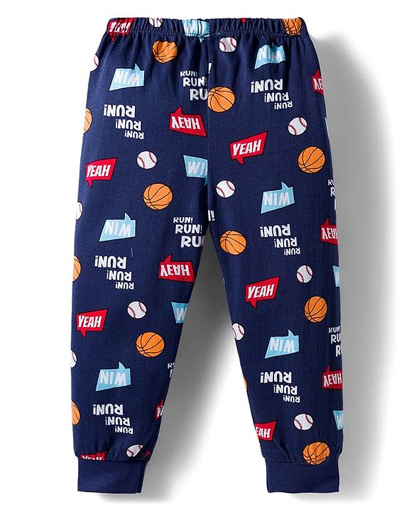 Babyhug Cotton Knit Full Length Lounge Pant with Sports Print - Navy Blue