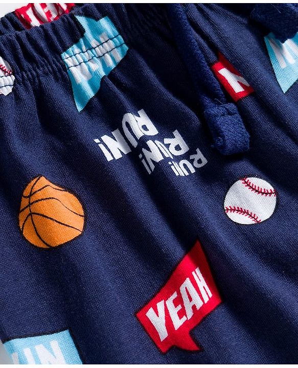 Babyhug Cotton Knit Full Length Lounge Pant with Sports Print - Navy Blue