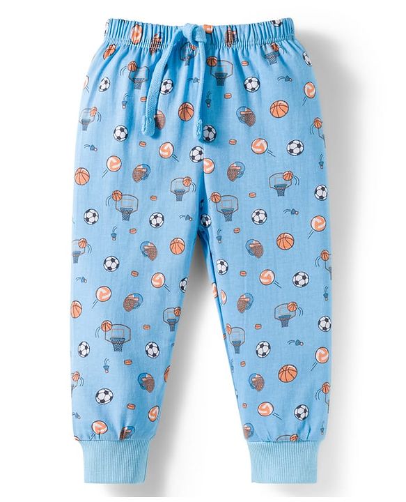 Babyhug Cotton Knit Full Length Lounge Pants with Sports Theme Print - Light Blue