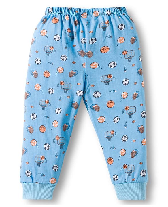 Babyhug Cotton Knit Full Length Lounge Pants with Sports Theme Print - Light Blue