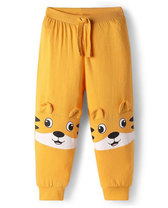 Babyhug Cotton Knit Full Length Lounge Pant With Animal Print & Ear Applique - Mustard