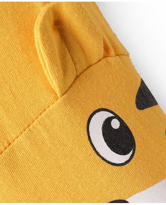 Babyhug Cotton Knit Full Length Lounge Pant With Animal Print & Ear Applique - Mustard