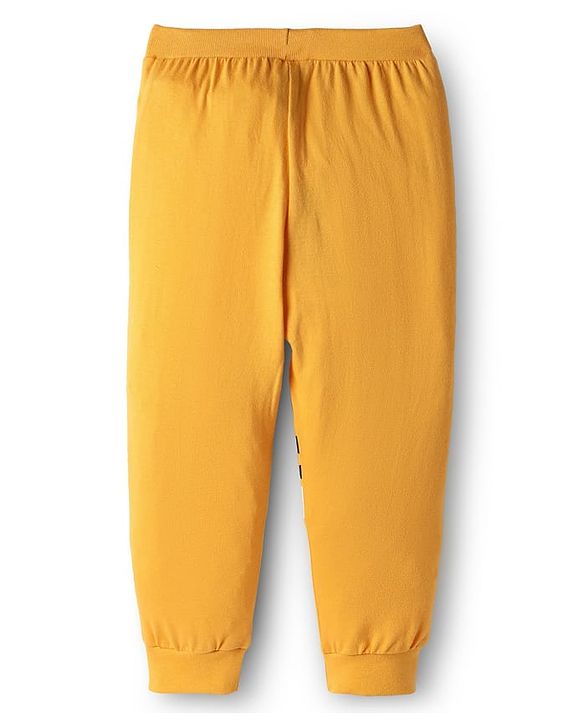 Babyhug Cotton Knit Full Length Lounge Pant With Animal Print & Ear Applique - Mustard