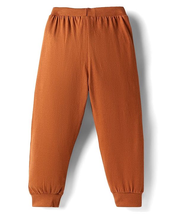 Babyhug Cotton Knit Full Length Lounge Pant with Bear Print & Ear Applique - Brown
