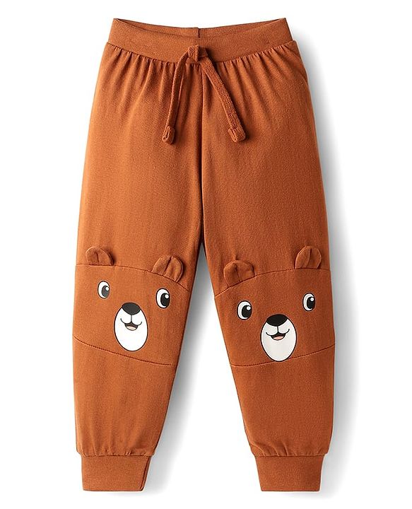Babyhug Cotton Knit Full Length Lounge Pant with Bear Print & Ear Applique - Brown
