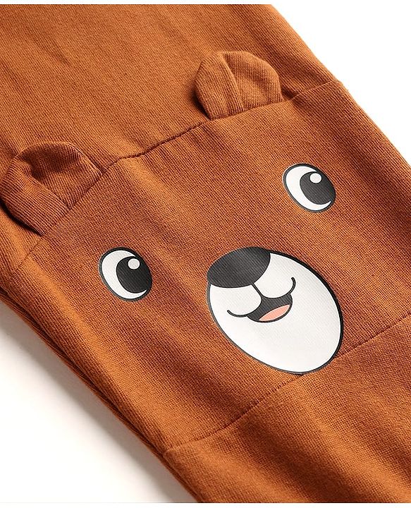 Babyhug Cotton Knit Full Length Lounge Pant with Bear Print & Ear Applique - Brown
