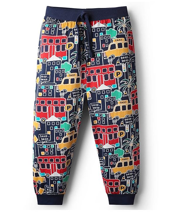 Babyhug Cotton Knit Full Length Lounge Pant with Traffic Print - Navy Blue