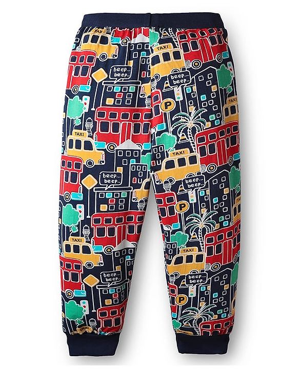 Babyhug Cotton Knit Full Length Lounge Pant with Traffic Print - Navy Blue