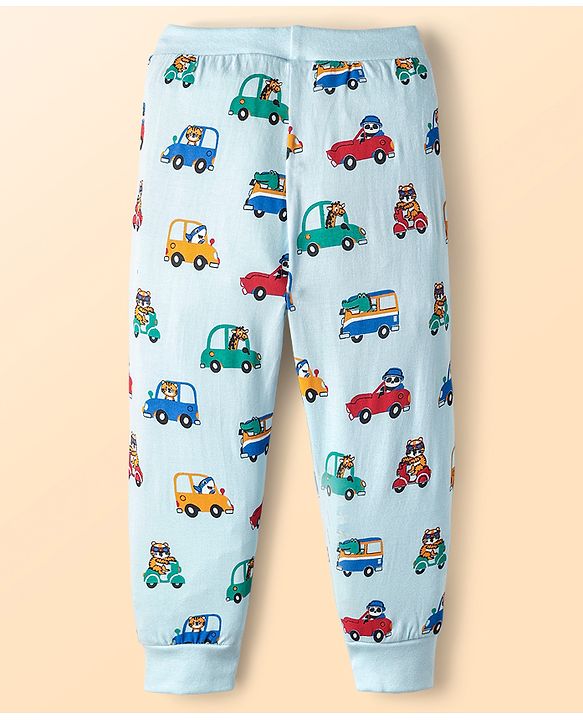 Babyhug Cotton Knit Full Length Lounge Pant With Vehicle Print - Light Blue