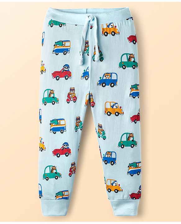 Babyhug Cotton Knit Full Length Lounge Pant With Vehicle Print - Light Blue
