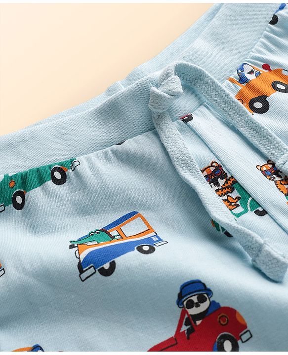 Babyhug Cotton Knit Full Length Lounge Pant With Vehicle Print - Light Blue