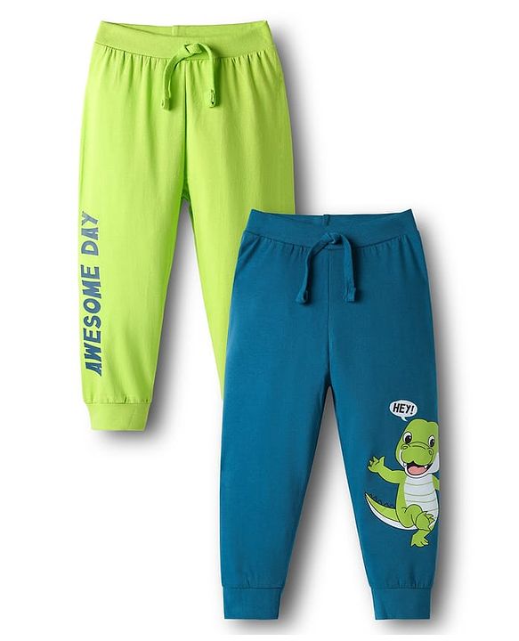 Babyhug Cotton Knit Full Length Dino & Text Printed Lounge Pants Pack Of 2  - Teal Blue & Lime Green
