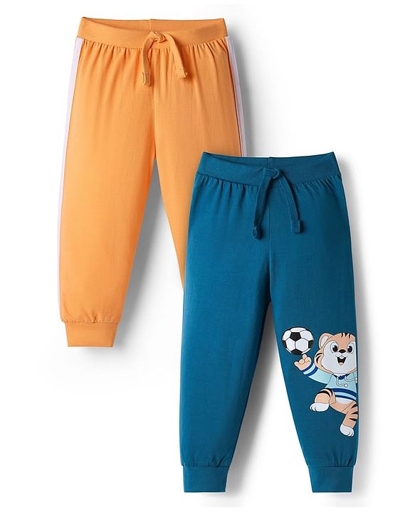 Babyhug Cotton Knit Full Length Animal Printed Lounge Pants Pack Of 2  - Teal Blue & Orange