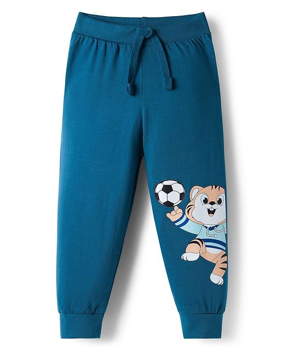Babyhug Cotton Knit Full Length Animal Printed Lounge Pants Pack Of 2  - Teal Blue & Orange