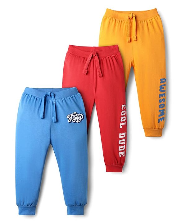 Babyhug Cotton Knit Full Length Lounge Pant with Text Print Pack of 3 - Blue Red & Yellow