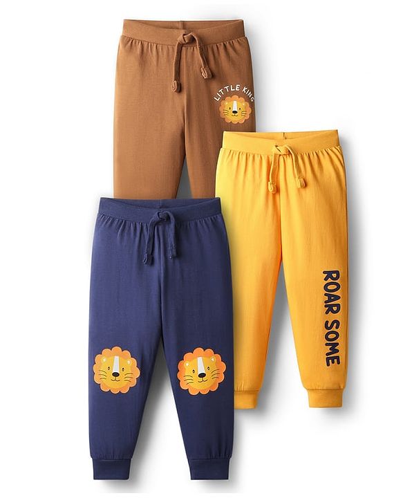 Babyhug Cotton Knit Full Length Lion Printed Lounge Pants Pack Of 3  - Multi Colour