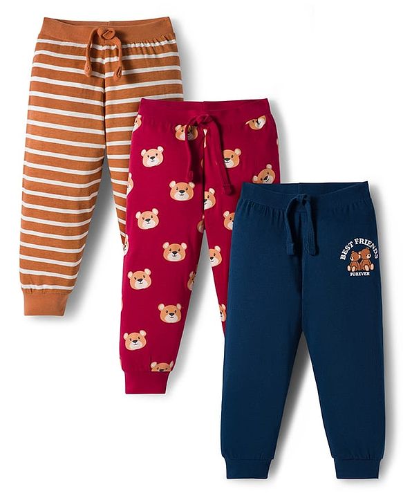 Babyhug Cotton Knit Full Length Lounge Pant With Animal Print Pack Of 3 - Navy Blue Red & Brown