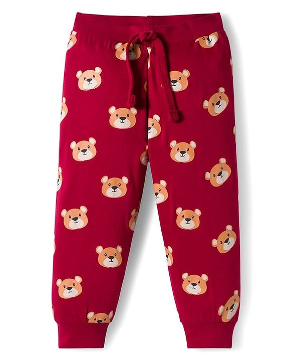 Babyhug Cotton Knit Full Length Lounge Pant With Animal Print Pack Of 3 - Navy Blue Red & Brown
