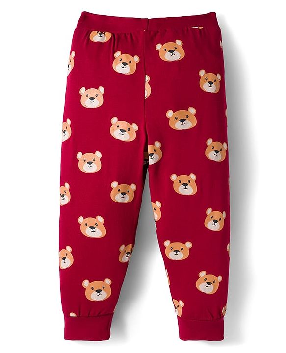 Babyhug Cotton Knit Full Length Lounge Pant With Animal Print Pack Of 3 - Navy Blue Red & Brown