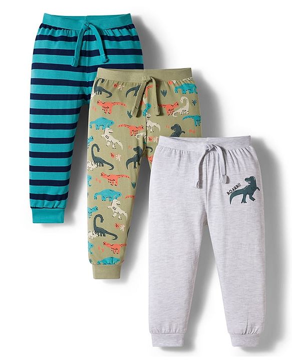 Babyhug Cotton Knit Full Length Lounge Pant With Stripes & Dino Print Pack Of 3 - Aqua Olive Green & Grey