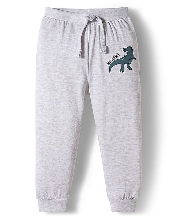Babyhug Cotton Knit Full Length Lounge Pant With Stripes & Dino Print Pack Of 3 - Aqua Olive Green & Grey