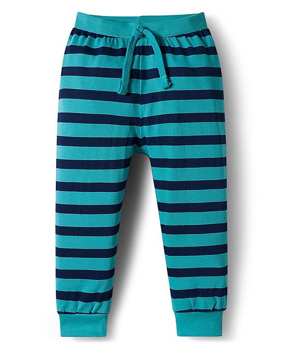 Babyhug Cotton Knit Full Length Lounge Pant With Stripes & Dino Print Pack Of 3 - Aqua Olive Green & Grey