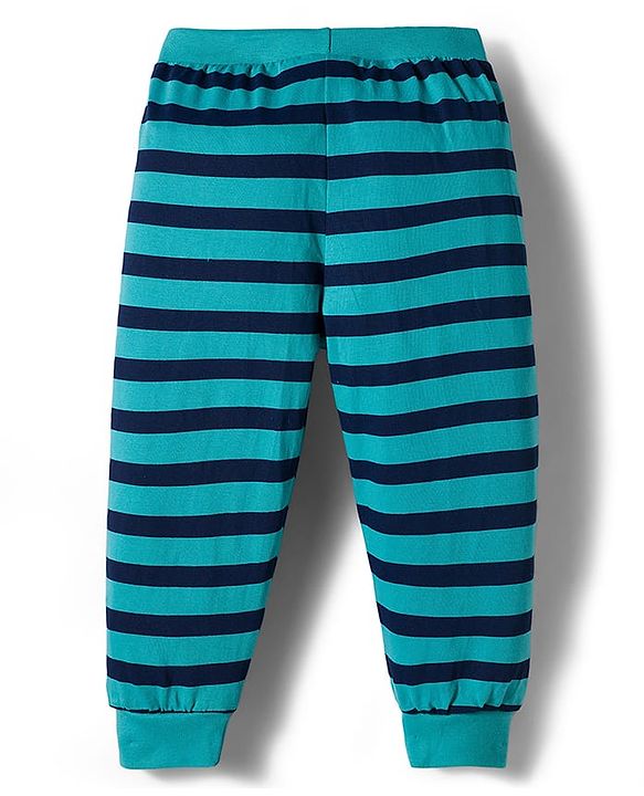 Babyhug Cotton Knit Full Length Lounge Pant With Stripes & Dino Print Pack Of 3 - Aqua Olive Green & Grey