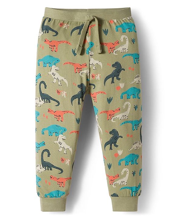 Babyhug Cotton Knit Full Length Lounge Pant With Stripes & Dino Print Pack Of 3 - Aqua Olive Green & Grey