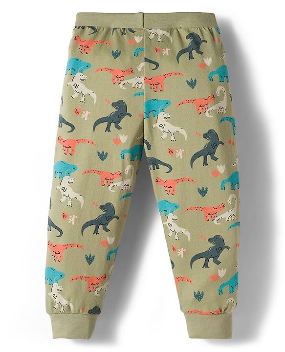 Babyhug Cotton Knit Full Length Lounge Pant With Stripes & Dino Print Pack Of 3 - Aqua Olive Green & Grey