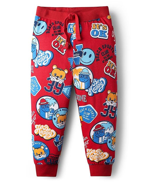 Babyhug Cotton Knit Full Length Lounge Pants With Sport Theme Text Print Pack of 3 - Red Blue & Yellow