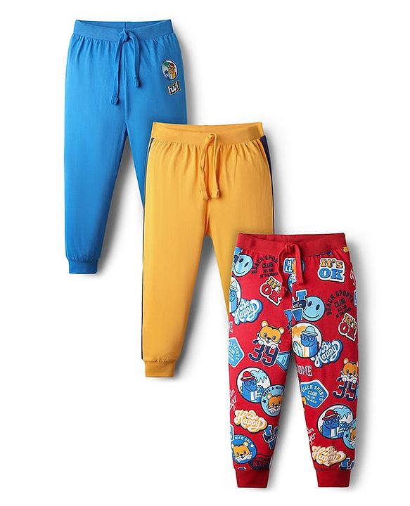 Babyhug Cotton Knit Full Length Lounge Pants With Sport Theme Text Print Pack of 3 - Red Blue & Yellow