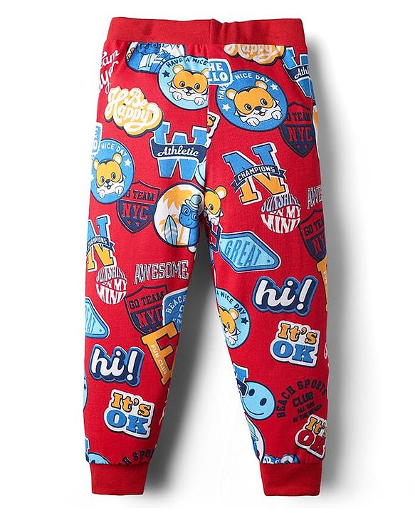 Babyhug Cotton Knit Full Length Lounge Pants With Sport Theme Text Print Pack of 3 - Red Blue & Yellow
