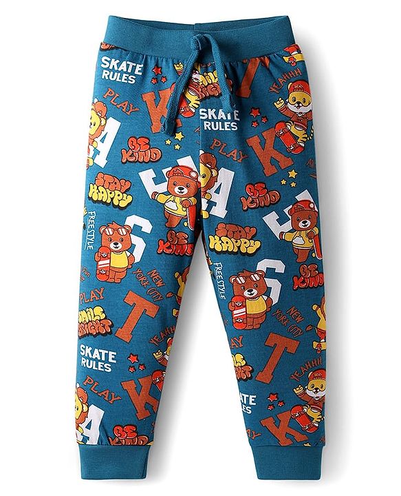 Babyhug Cotton Knit Full Length Lounge Pant with Bear Print & Tape Detailing Pack of 3  - Orange Yellow & Teal Blue