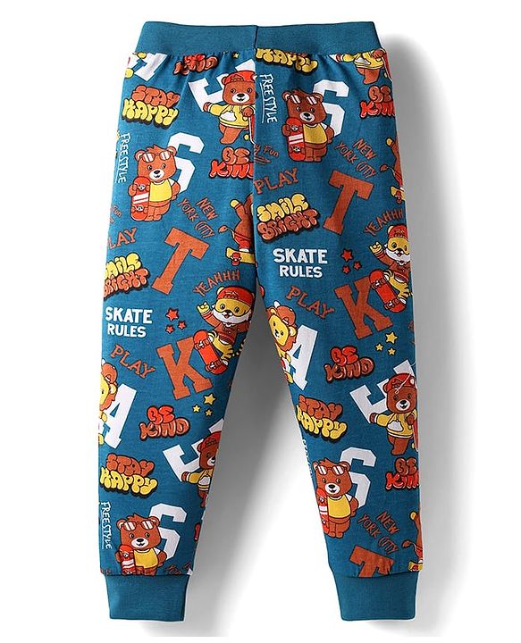 Babyhug Cotton Knit Full Length Lounge Pant with Bear Print & Tape Detailing Pack of 3  - Orange Yellow & Teal Blue
