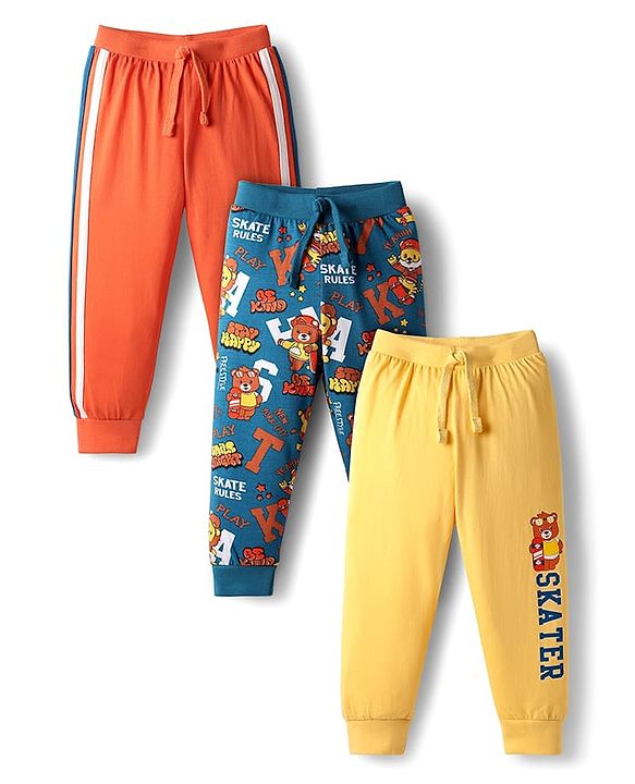 Babyhug Cotton Knit Full Length Lounge Pant with Bear Print & Tape Detailing Pack of 3  - Orange Yellow & Teal Blue