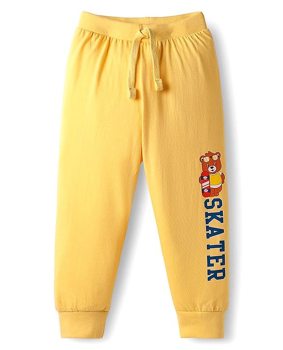 Babyhug Cotton Knit Full Length Lounge Pant with Bear Print & Tape Detailing Pack of 3  - Orange Yellow & Teal Blue