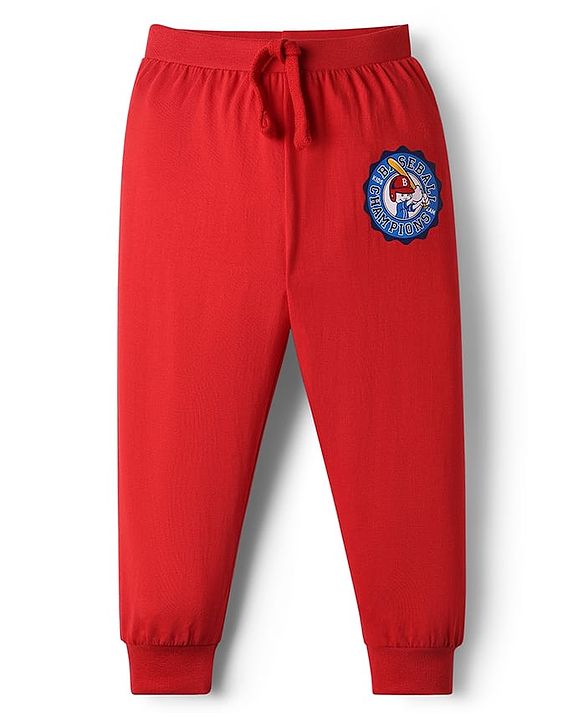 Babyhug Cotton Knit Full Length Lounge Pants With Sport Theme Text Print Pack of 3 - Red Blue & Navy Blue