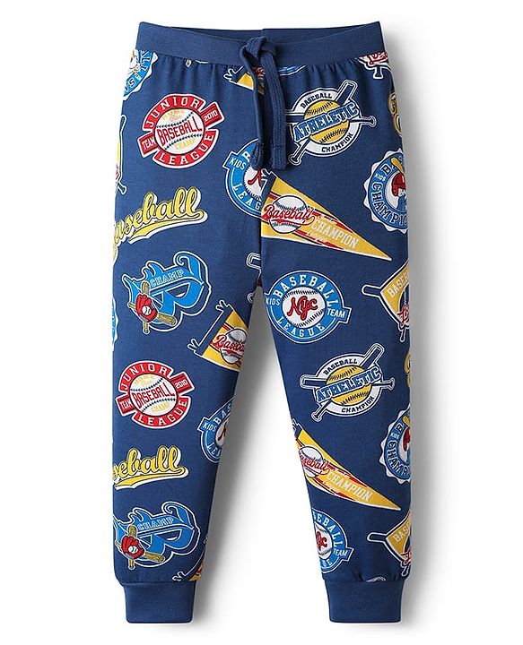 Babyhug Cotton Knit Full Length Lounge Pants With Sport Theme Text Print Pack of 3 - Red Blue & Navy Blue