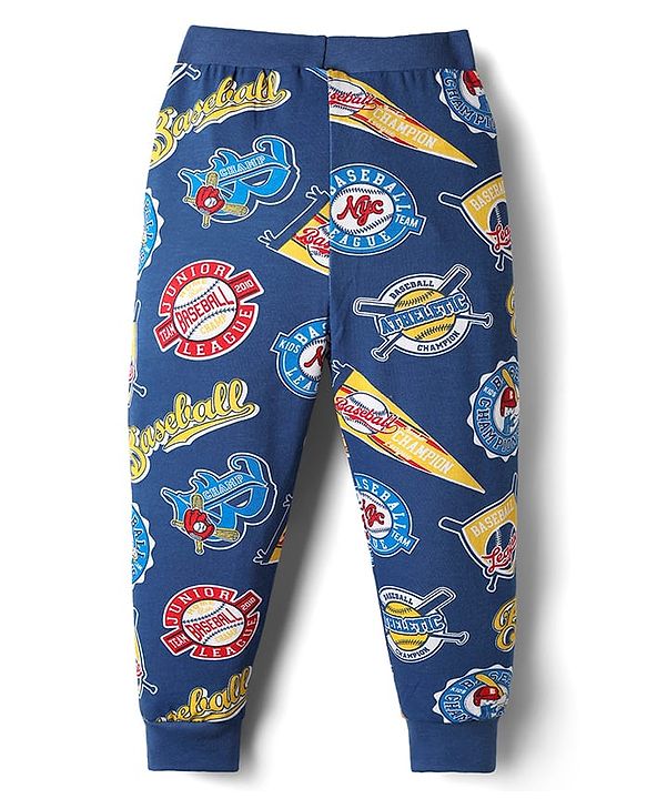 Babyhug Cotton Knit Full Length Lounge Pants With Sport Theme Text Print Pack of 3 - Red Blue & Navy Blue