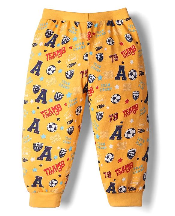 Babyhug Cotton Knit Full Length Football Printed Lounge Pants Pack of 3 - Navy Blue Yellow & Red
