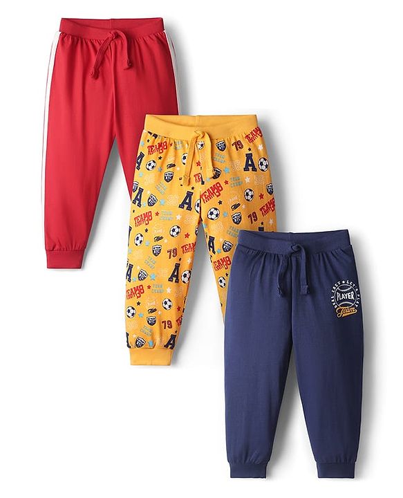 Babyhug Cotton Knit Full Length Football Printed Lounge Pants Pack of 3 - Navy Blue Yellow & Red
