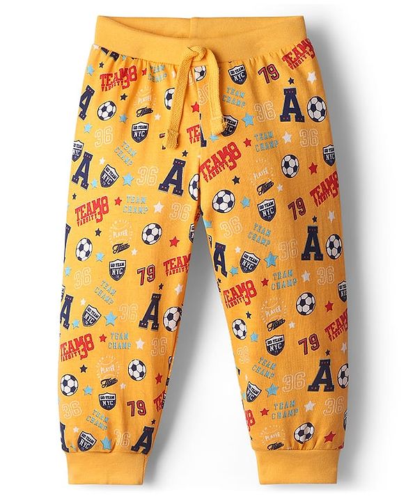 Babyhug Cotton Knit Full Length Football Printed Lounge Pants Pack of 3 - Navy Blue Yellow & Red
