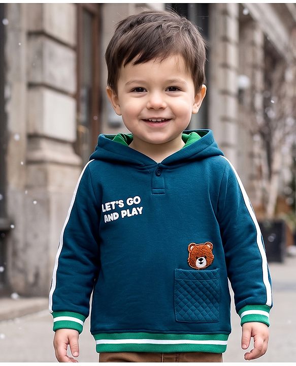 Babyhug Fleece Knit Full Sleeves Hooded Sweatshirt With Teddy Bear Patch - Teal Blue